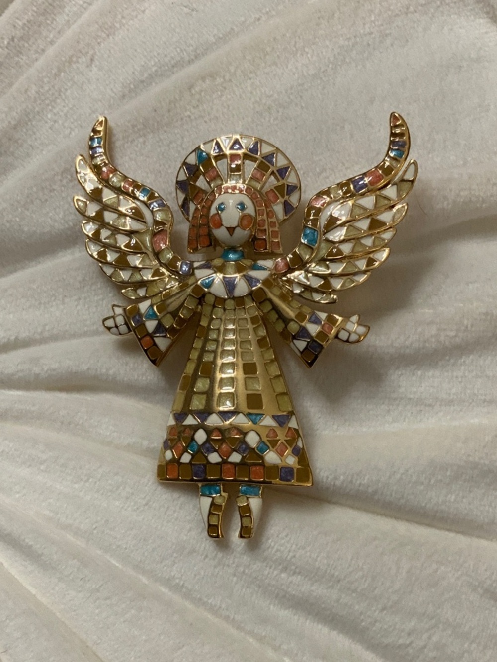 Gold Mosaic Angel Brooch with Multicolor Enamel